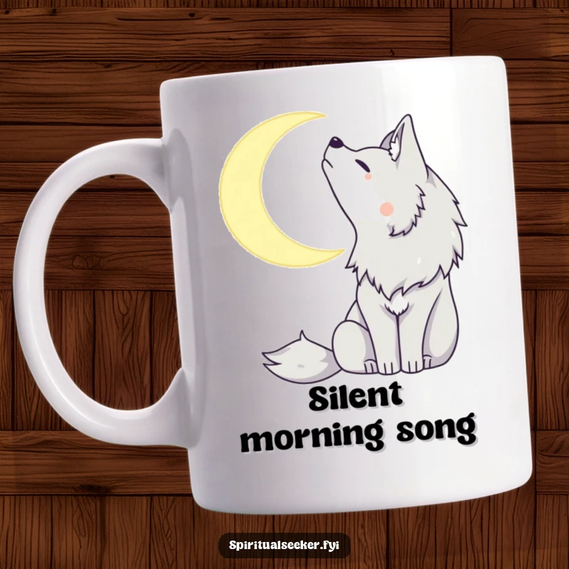 Funny mug featuring a serene wolf howling softly at a glowing crescent moon, evoking a sense of peaceful mystery.