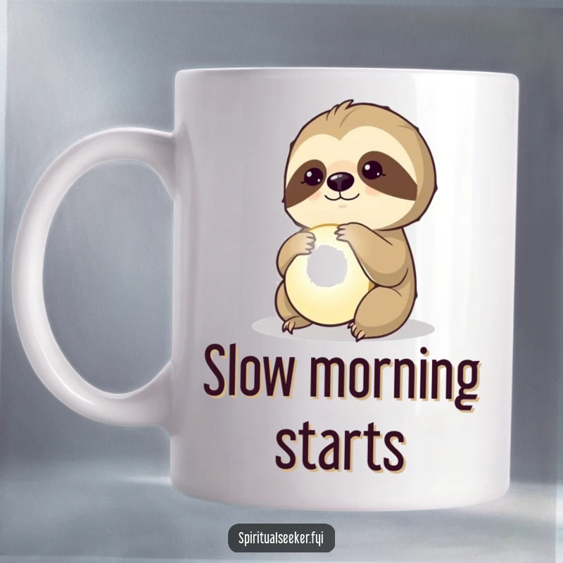 Funny mug with a contemplative sloth gazing intently at a softly glowing, mysterious orb, evoking thoughtfulness.