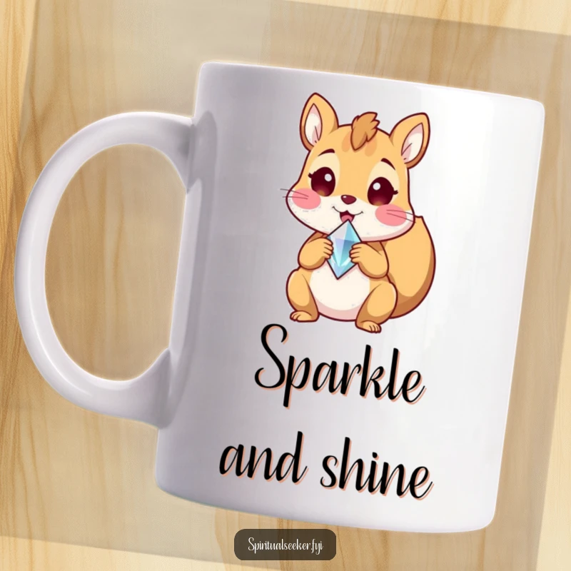 Funny ceramic mug featuring a delighted squirrel character happily holding a shiny crystal shard, radiating pure joy, a perfect funny gift.