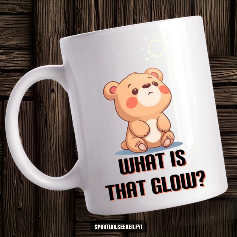 Funny curious bear mug, looking up at shimmering ethereal light, conveying wonder and exploration. Great for coffee lovers.