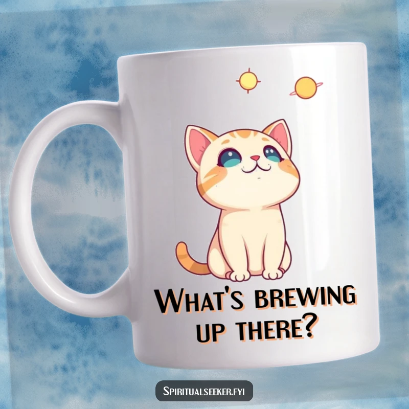 Funny curious cat mug, a feline gazing upwards with wide eyes at a twinkling star, filled with wonder and humor.
