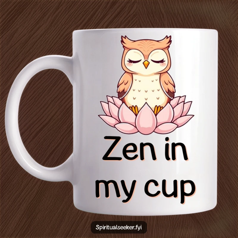 Funny Mug: A kawaii owl meditating peacefully with closed eyes on a lotus flower, embodying inner calm.