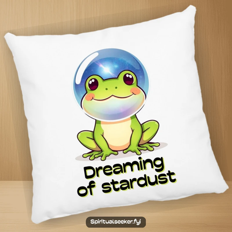 Funny frog galaxy bubble pillow with a happy amphibian blowing a bubble reflecting a miniature universe, offering cozy comfort and cosmic humor.
