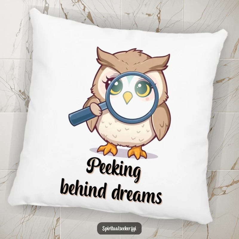 Funny owl aura pillow with a curious bird magnifying a shimmering aura, offering cozy comfort and a dose of intriguing, mystical humor.