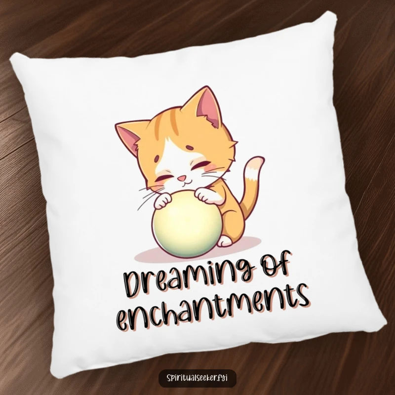 Funny plush pillow featuring a curious cat examining a glowing mystical orb, offering cozy enchantment.