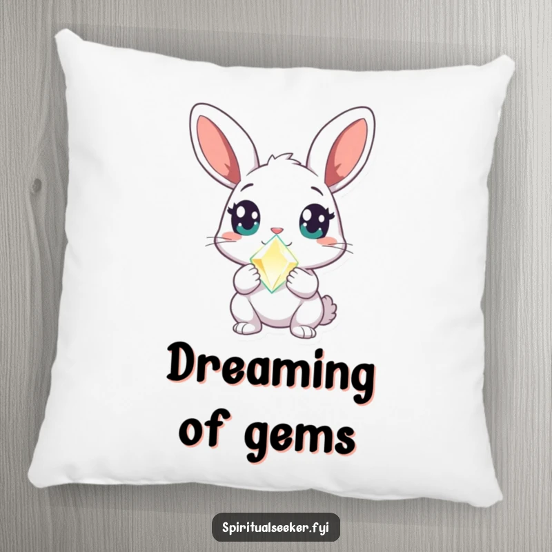 Funny rabbit pillow with a curious character, wide amazed eyes, and a glowing crystal, offering cozy enchantment and humorous appeal.