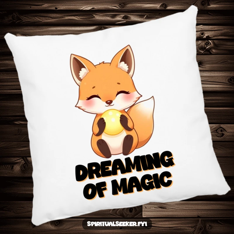 Funny Pillow: A cute kawaii fox holding a glowing orb, offering comfort and a touch of gentle magic.