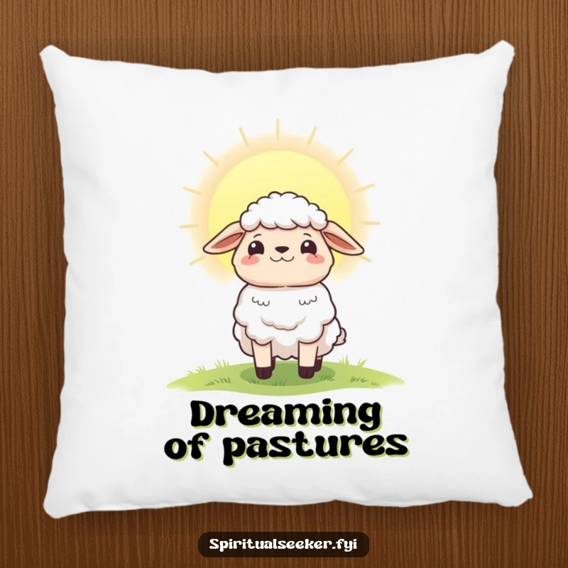 Funny decorative pillow with a hopeful sheep character viewing a radiant dawn, adding comfort and a touch of optimism.