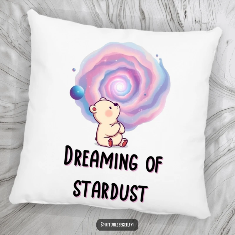 Funny plush pillow featuring a thoughtful bear observing a swirling nebula, offering cozy cosmic comfort.
