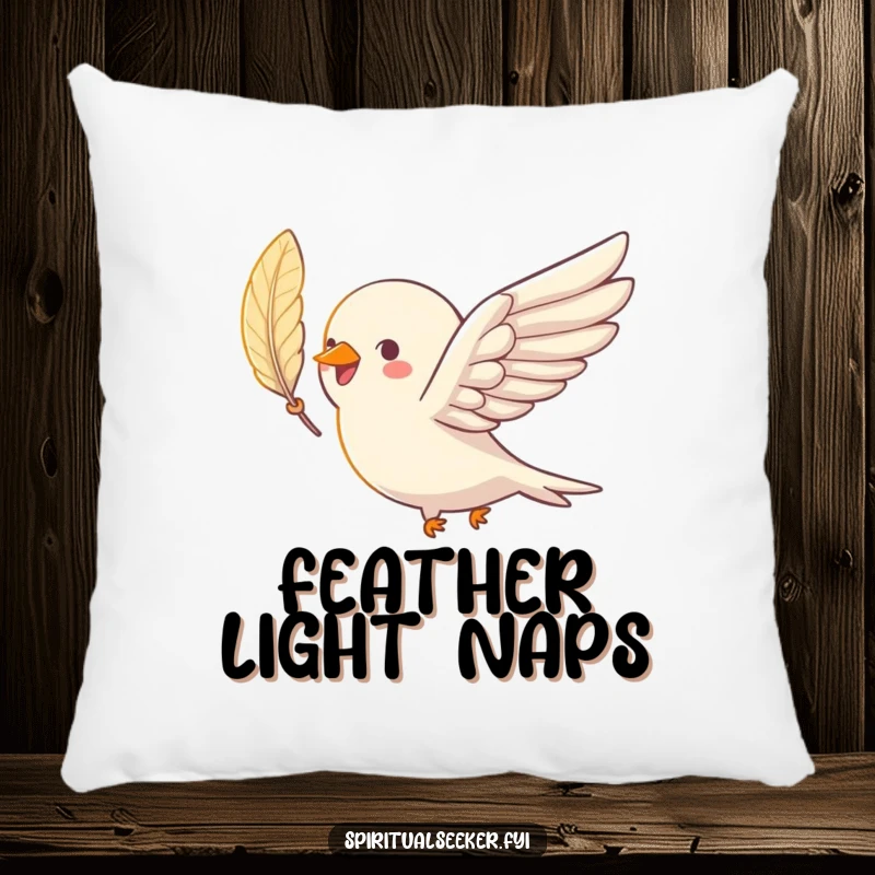 Funny bird pillow showing a joyful bird soaring with a shimmering feather, ideal for humorous and uplifting decor.