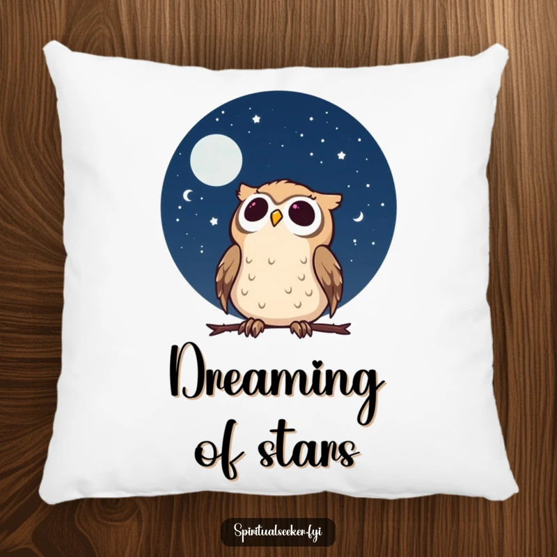 Funny calm owl pillow with a character gazing at a starry night sky with wonder, offering cozy comfort and celestial humor.