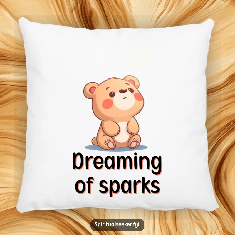 Funny curious bear pillow, character looking up at ethereal light, promoting dreamy comfort and wonder.