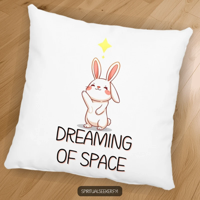 Funny hopeful rabbit pillow, reaching towards a glowing constellation, providing dreamy comfort and inspiration.