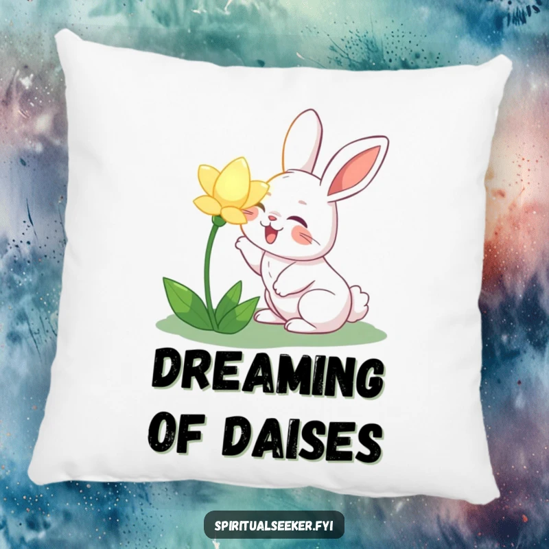 Funny joyful rabbit pillow, featuring a rabbit sniffing a glowing flower, perfect for adding comfort and a touch of garden humor to any room.