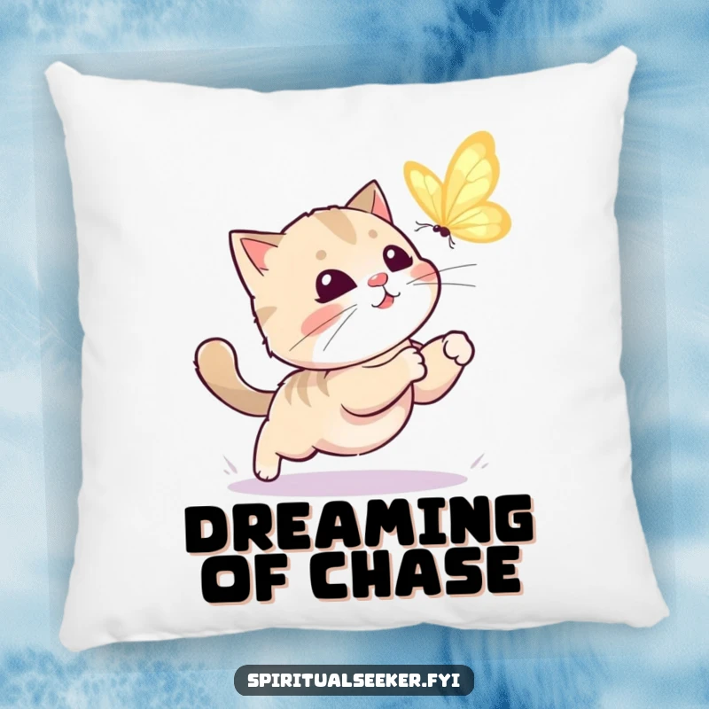 Funny kawaii cat pillow with a charming design of a playful cat chasing a glowing butterfly, offering cozy, humorous decor.