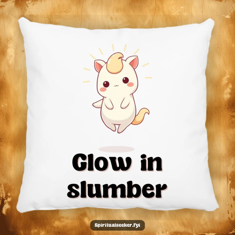 Funny Pillow featuring a cute Kawaii creature balancing and glowing, perfect for adding soft comfort and a touch of magic.