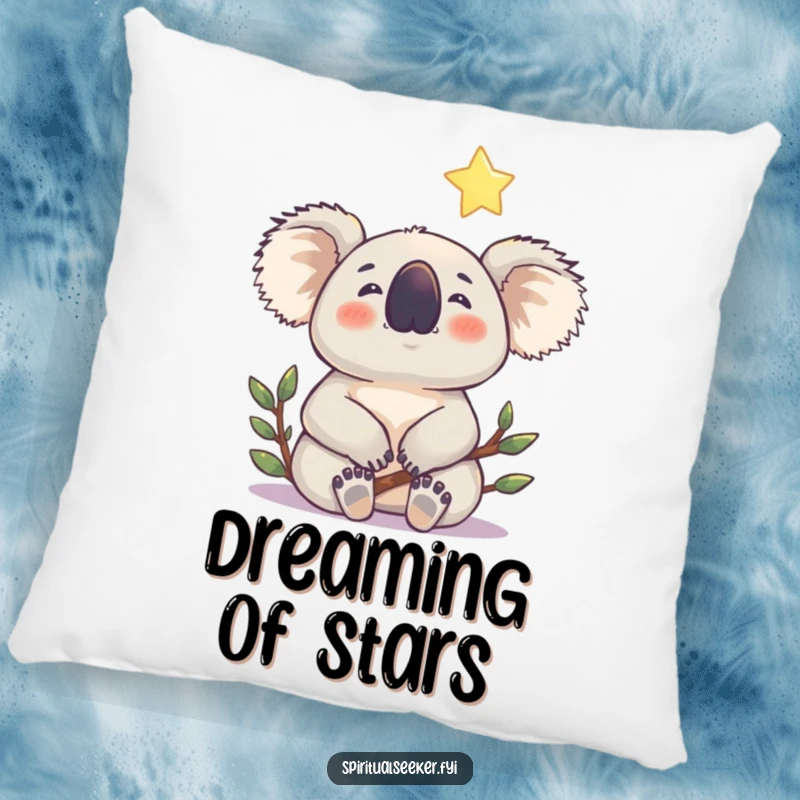 Funny koala pillow showing a contented koala gazing at a gentle, shining star, ideal for humorous and serene decor.