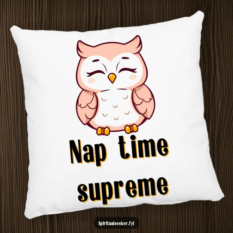 Funny meditating owl pillow, peaceful smiling character, providing soft comfort and serene vibes for relaxation.