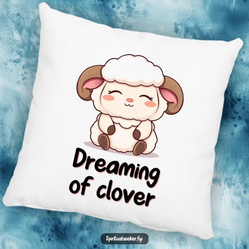 Funny sheep pillow with a fluffy meditating character, eyes closed, and a serene smile, offering soft comfort and humorous appeal.