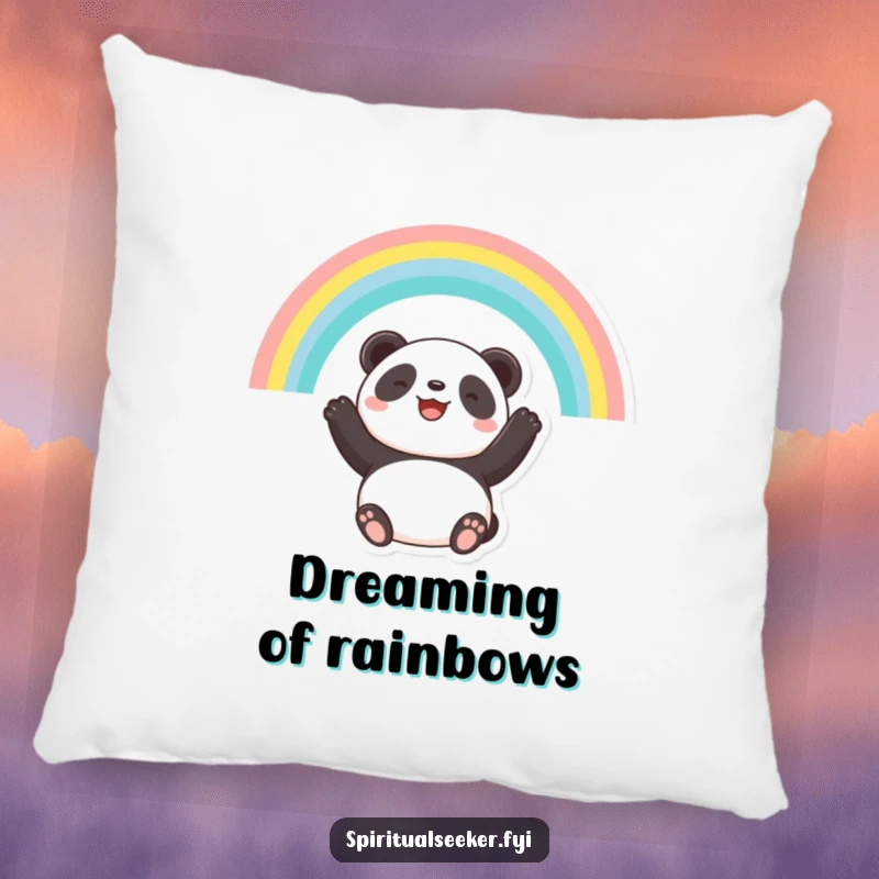 Funny pillow with a smiling panda looking at a vibrant rainbow, designed for comfort and a sense of hopeful serenity.