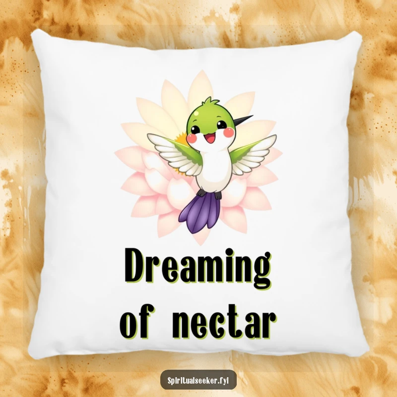 Funny pillow with a happy hummingbird near a glowing lotus, offering comfort and a touch of serene beauty.