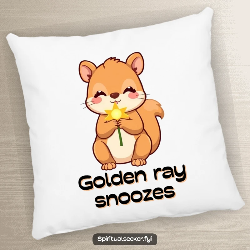 Funny squirrel pillow showing a cute squirrel holding a soft, golden ray, ideal for humorous and cheerful decor.