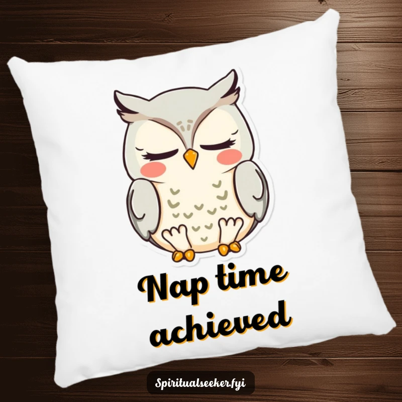 Funny meditating owl pillow, a soft cushion featuring a smiling owl in a state of deep meditation, offering comfort and chuckles.