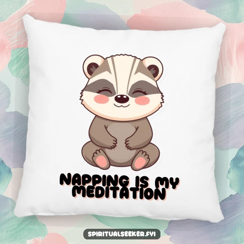Funny Badger Pillow: A soft cushion featuring a meditating badger with a peaceful smile, offering humorous comfort.