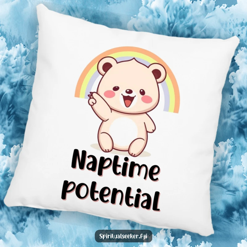 Funny pillow: A cheerful bear directs attention to a vivid rainbow, adding comfort and joy.
