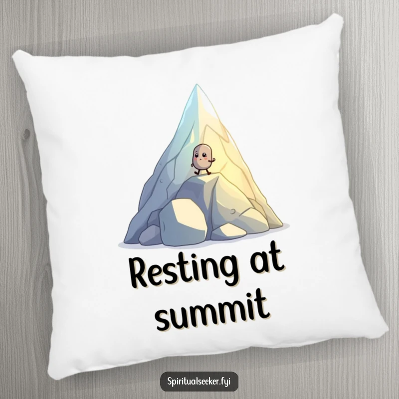 Funny pillow with a small, determined pebble creature hiking up a glowing, crystal mountain, adding cozy motivation.