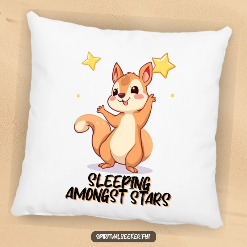 Funny Pillow: A soft pillow showing a playful squirrel reaching for a shimmering star, perfect for comfort.