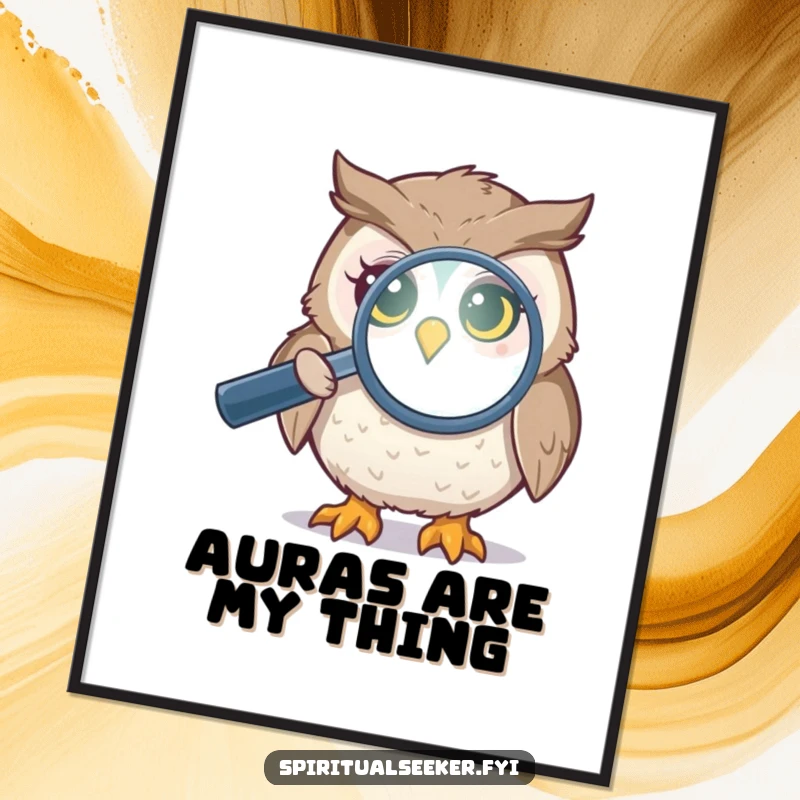 Funny owl aura digital art print featuring a curious bird with a magnifying glass examining a shimmering aura, radiating mystical and intriguing humor.