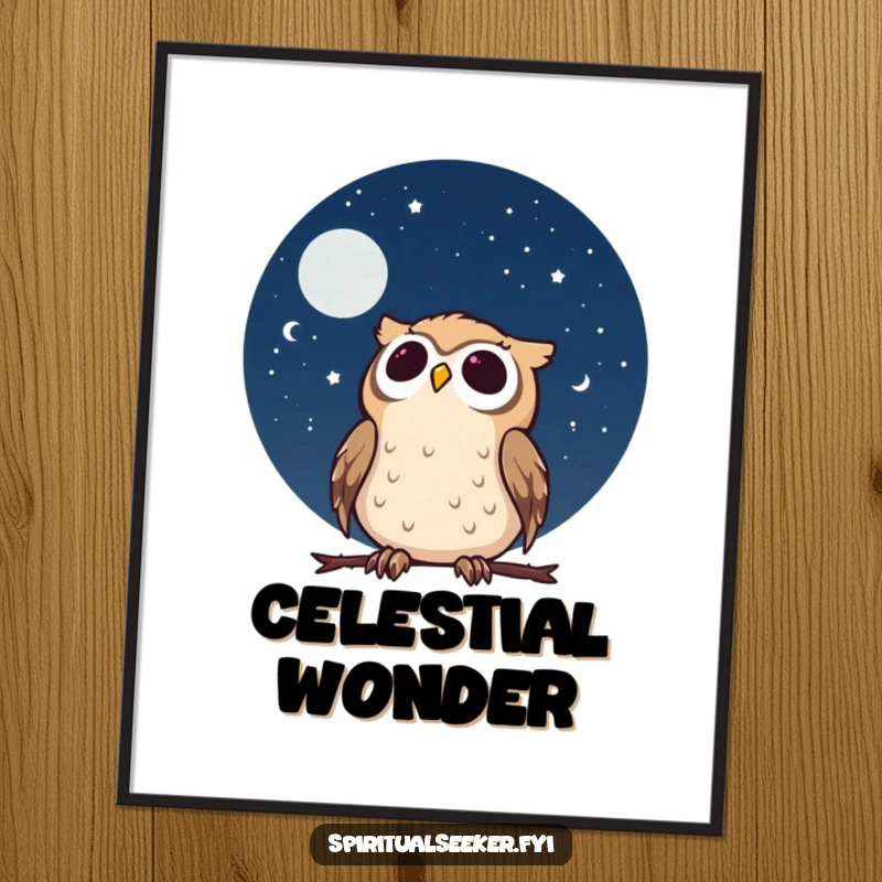 Funny calm owl digital art print of a character gazing at a starry night sky with wonder, ideal for peaceful and humorous decor.