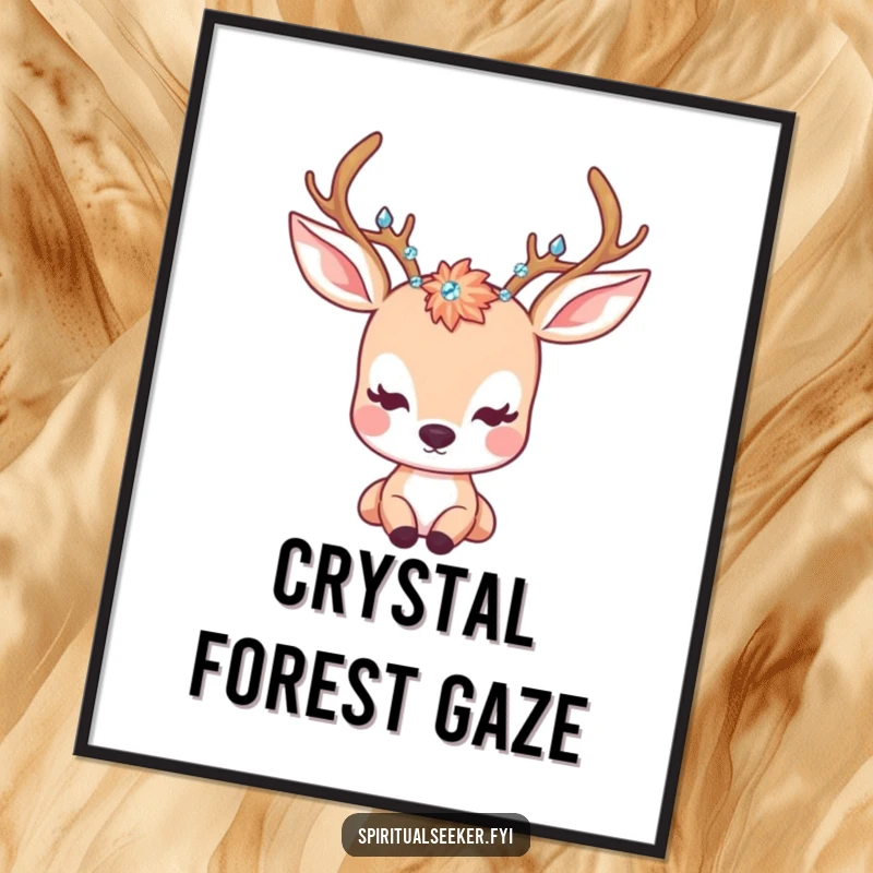 Funny Digital Art Print: A kawaii deer with crystal-adorned antlers gazing peacefully, radiating natural beauty and calm.