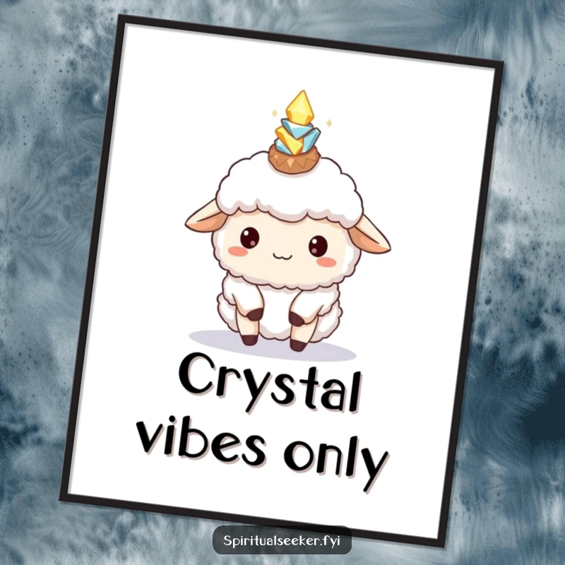 Funny Sheep Digital Art Print: A fluffy sheep gracefully balancing glowing crystals, adding humorous serenity to any space.