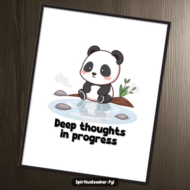 Funny digital art print of a contemplative panda sitting by tranquil water, perfect for creating a serene and humorous ambiance, a great funny gift.