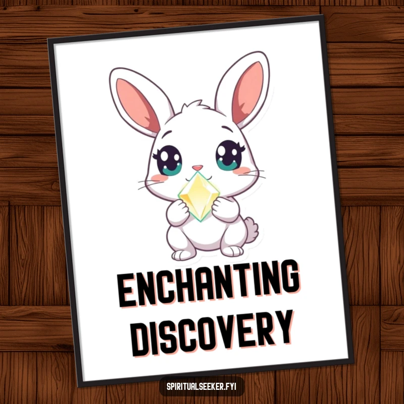 Funny rabbit digital art print of a curious character with wide, amazed eyes holding a glowing crystal, ideal for magical and humorous decor.