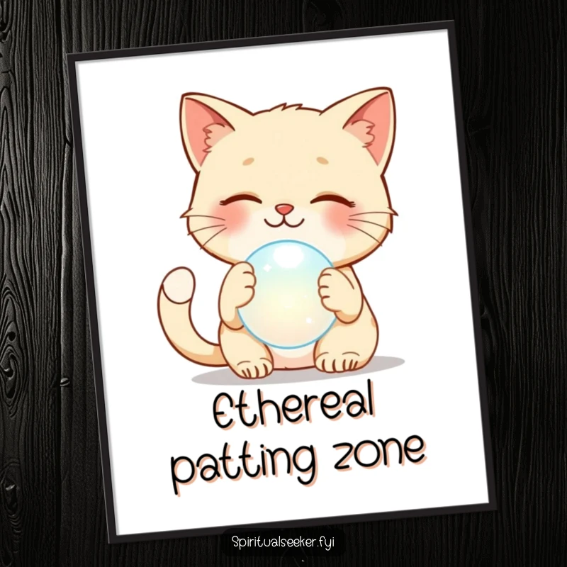 Funny cat digital art print of a smiling cat curiously patting a floating ethereal orb, offering instant humorous decor.