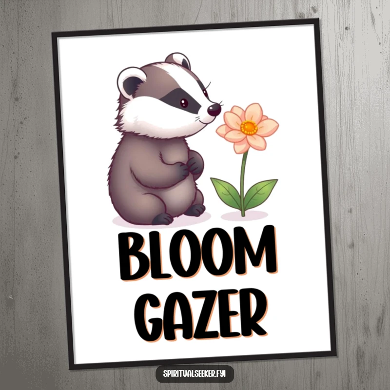 Funny digital art print featuring a pensive badger mesmerized by a glowing magical flower, perfect for adding whimsical charm.