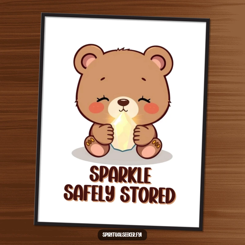 Funny bear cub digital art print of a peaceful cub holding a tiny, glowing crystal, offering instant humorous decor.