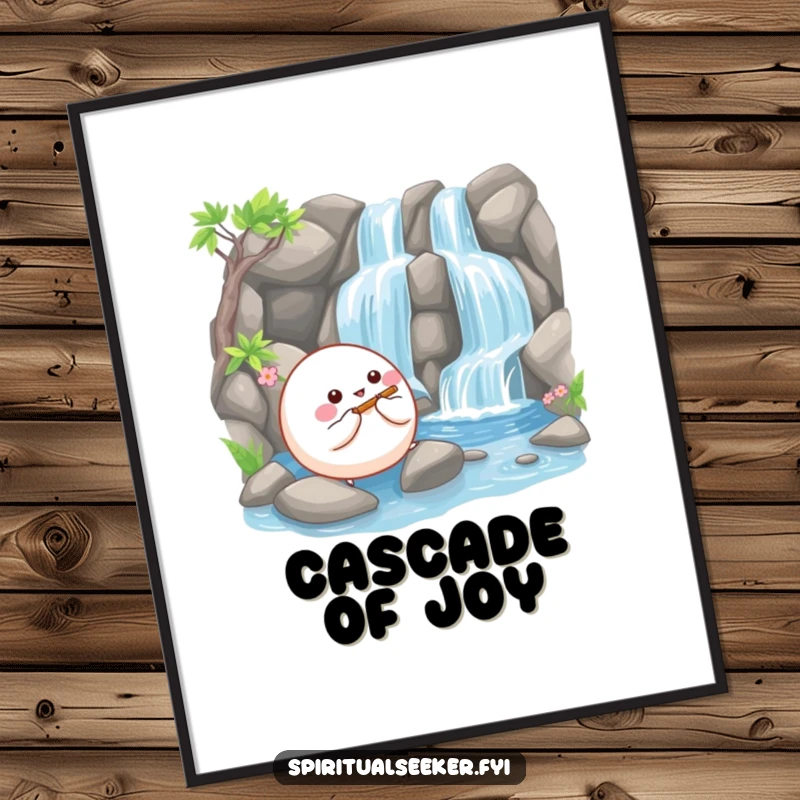 Funny digital art print of a happy, bouncy ball creature playing a tiny flute beside a serene waterfall, creating peaceful art.