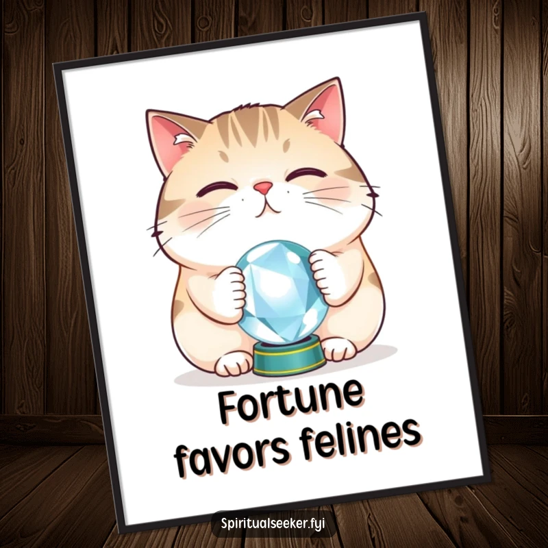 Funny cat crystal ball digital art print featuring a plump feline balancing a tiny orb, radiating playful mystique and whimsical humor.