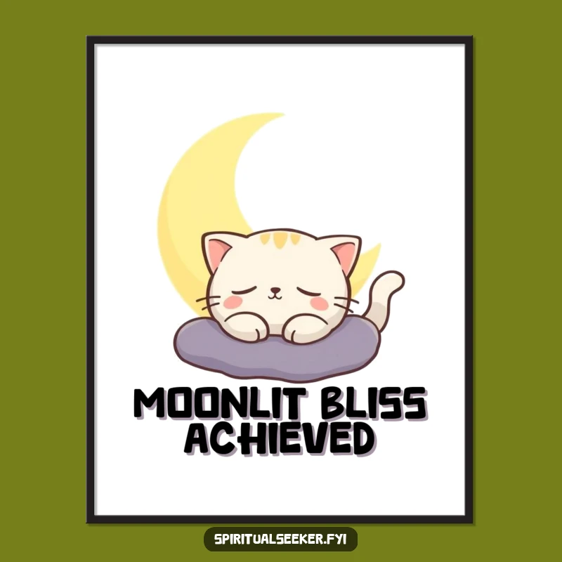 Funny Cat Digital Art, Moon Glow Scene, Contented Decor Gift