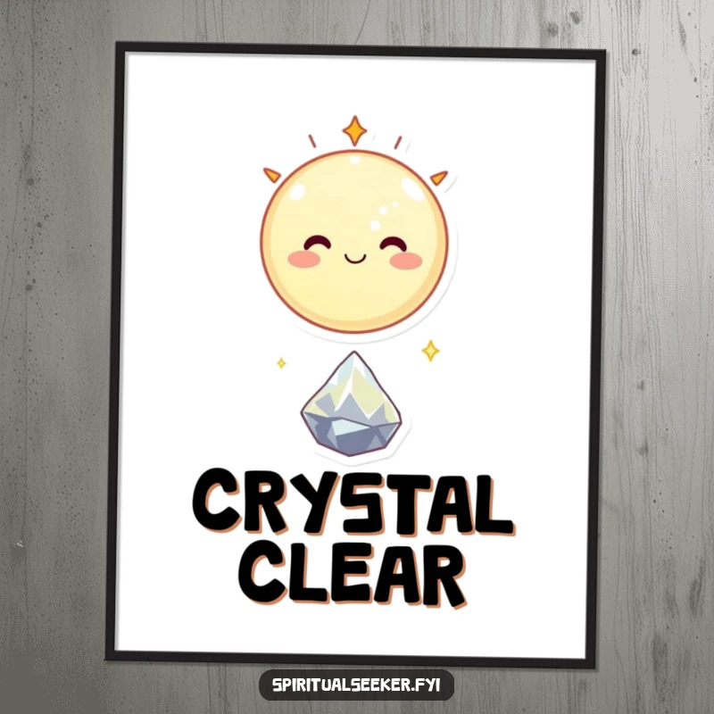 Funny digital art print of a smiling celestial body happily floating above a tiny, sparkling crystal, exuding celestial happiness.