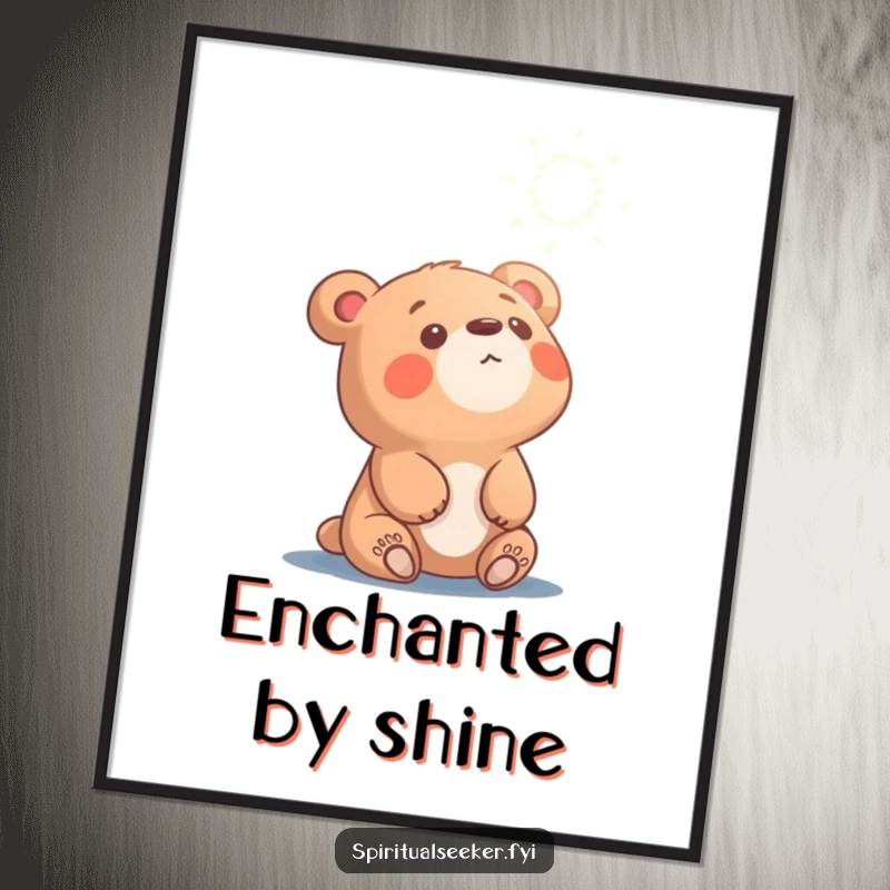 Funny curious bear digital art print, character looking at shimmering ethereal light, ideal for instant wall decor.