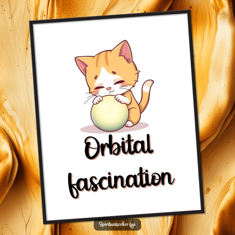 Funny digital art print of a curious cat exploring a glowing mystical orb, ideal for magical decor.