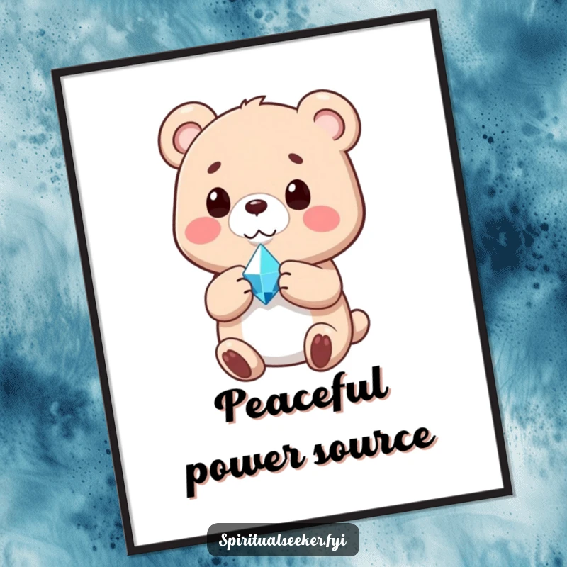 Funny digital art print of a serene bear holding a softly radiant crystal, embodying tranquility and peace.