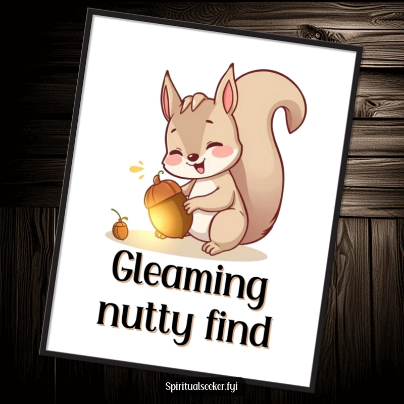 Funny digital art print of a joyfully giggling squirrel finding a radiant, hidden acorn, evoking pure delight.