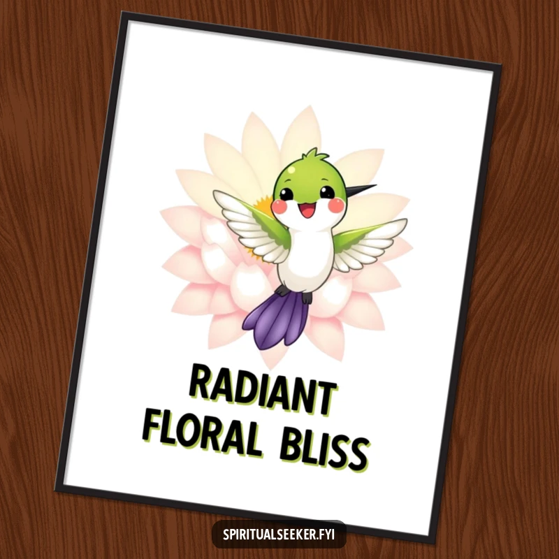 Funny digital art print of a joyful hummingbird near a luminous lotus flower, radiating beauty and energy.