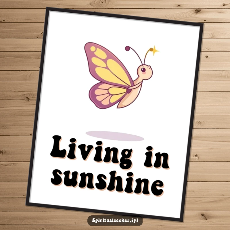 Funny digital art print of a dancing butterfly character admiring a beam of light, offering instant whimsical humor and a unique gift.